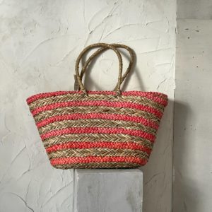 תיק קש פסים ורוד חום